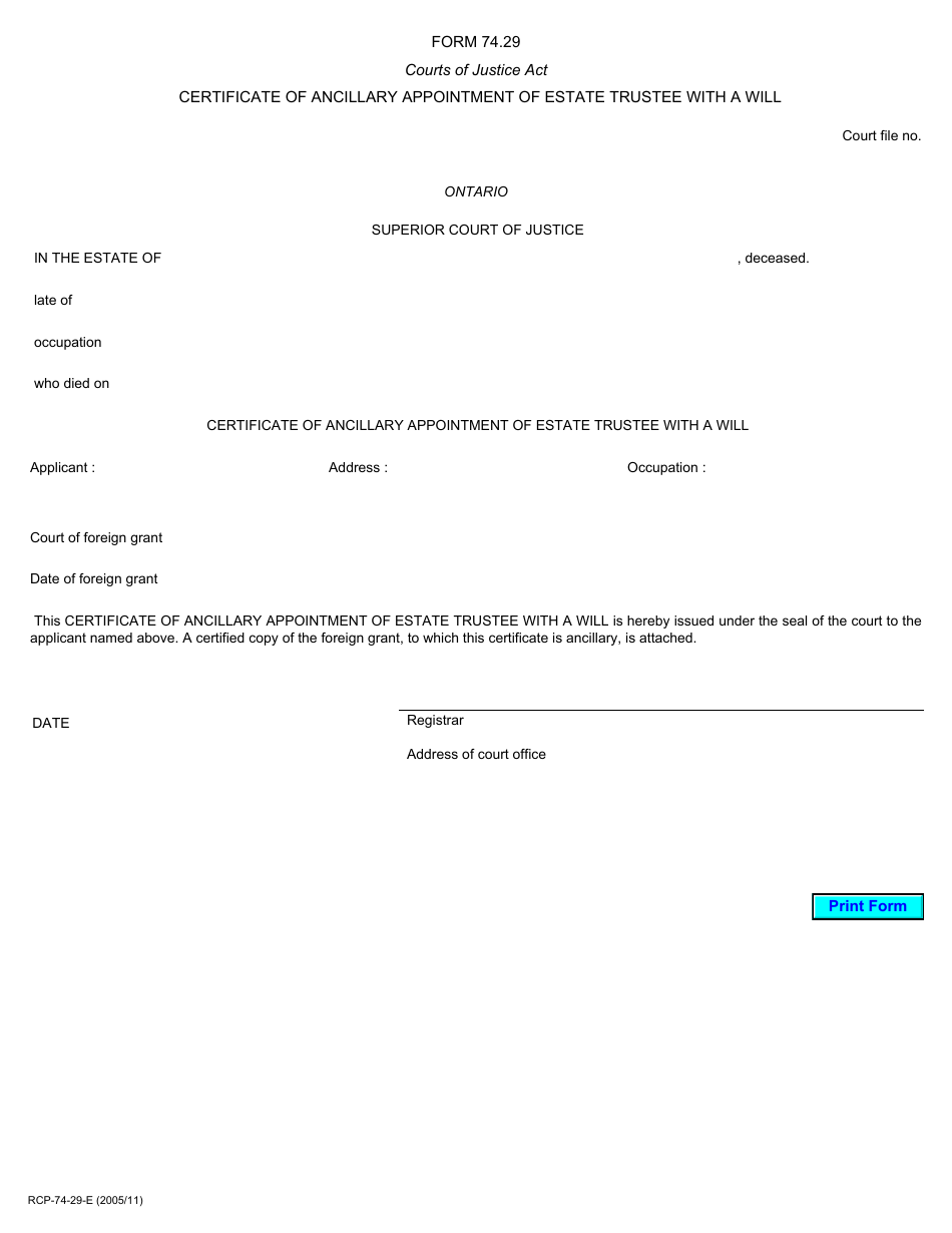 Form 74.29 Certificate of Ancillary Appointment of Estate Trustee With a Will - Ontario, Canada, Page 1