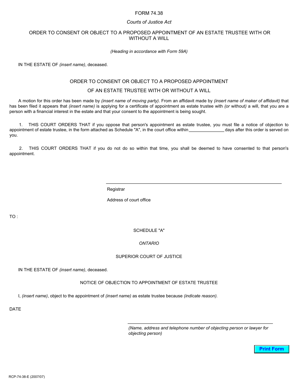Form 74.38 Order to Consent or Object to a Proposed Appointment of an Estate Trustee With or Without a Will - Ontario, Canada, Page 1