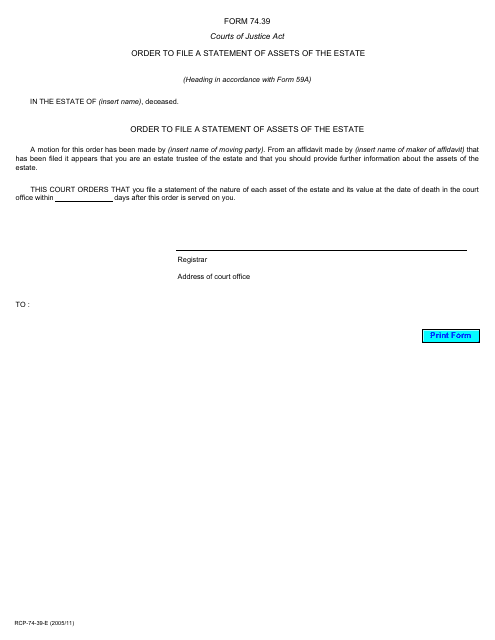 Form 74.39 Order to File a Statement of Assets of the Estate - Ontario, Canada