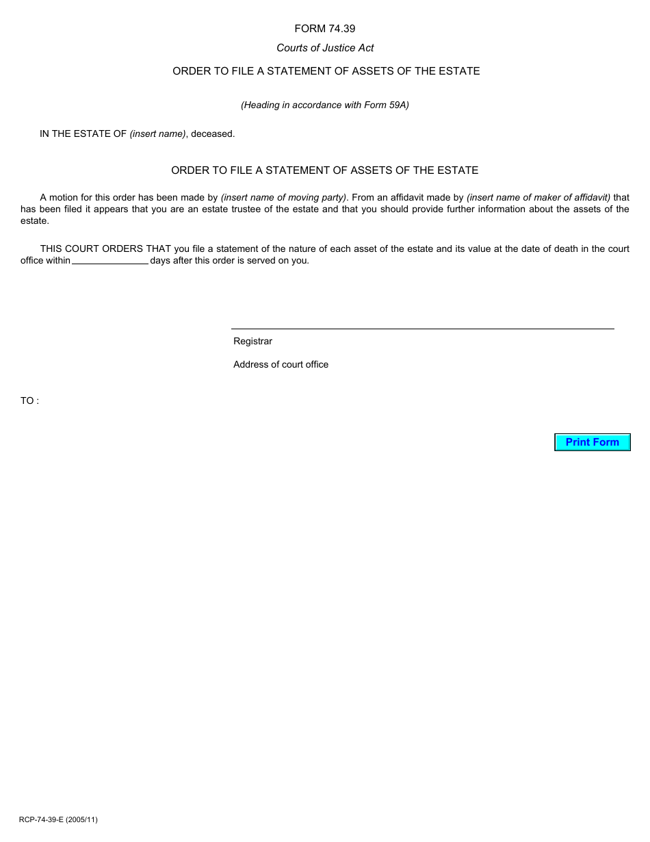 Form 74.39 Order to File a Statement of Assets of the Estate - Ontario, Canada, Page 1