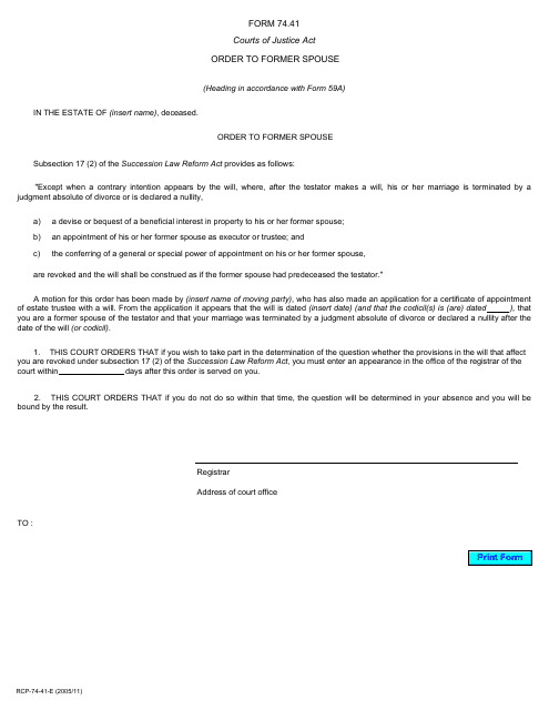 Form 74.41 Order to Former Spouse - Ontario, Canada