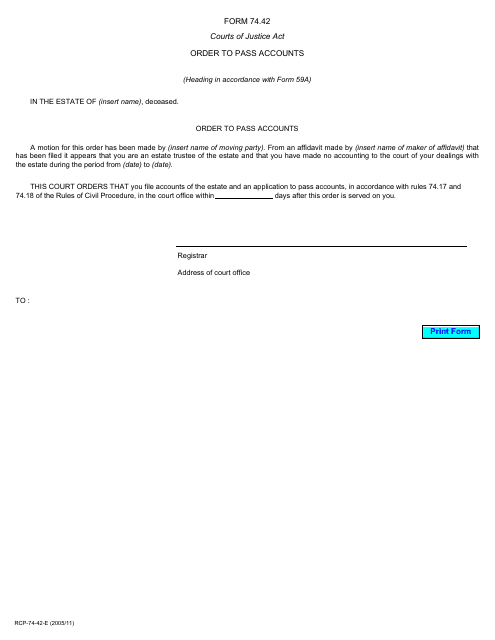 Form 74.42 Order to Pass Accounts - Ontario, Canada