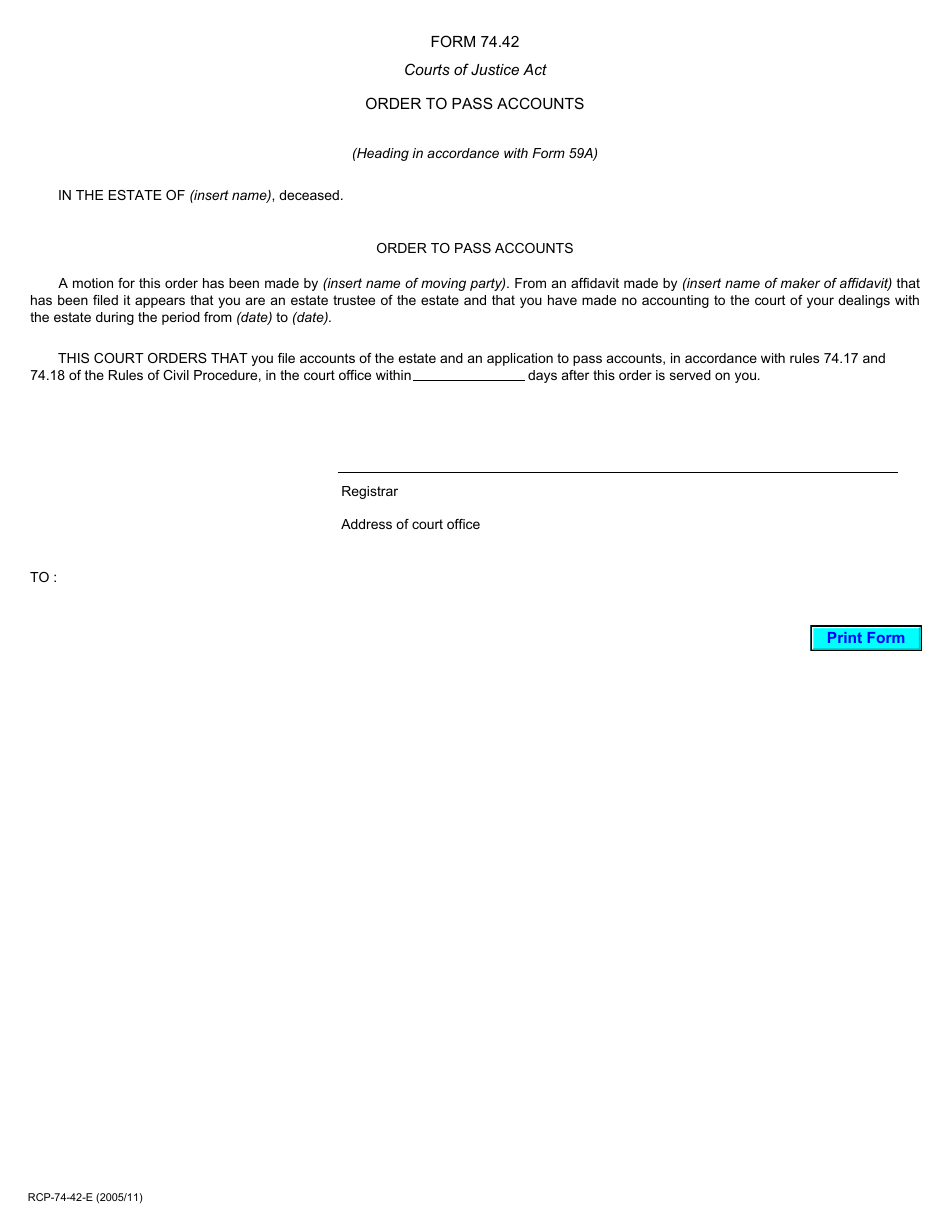 Form 74.42 Order to Pass Accounts - Ontario, Canada, Page 1