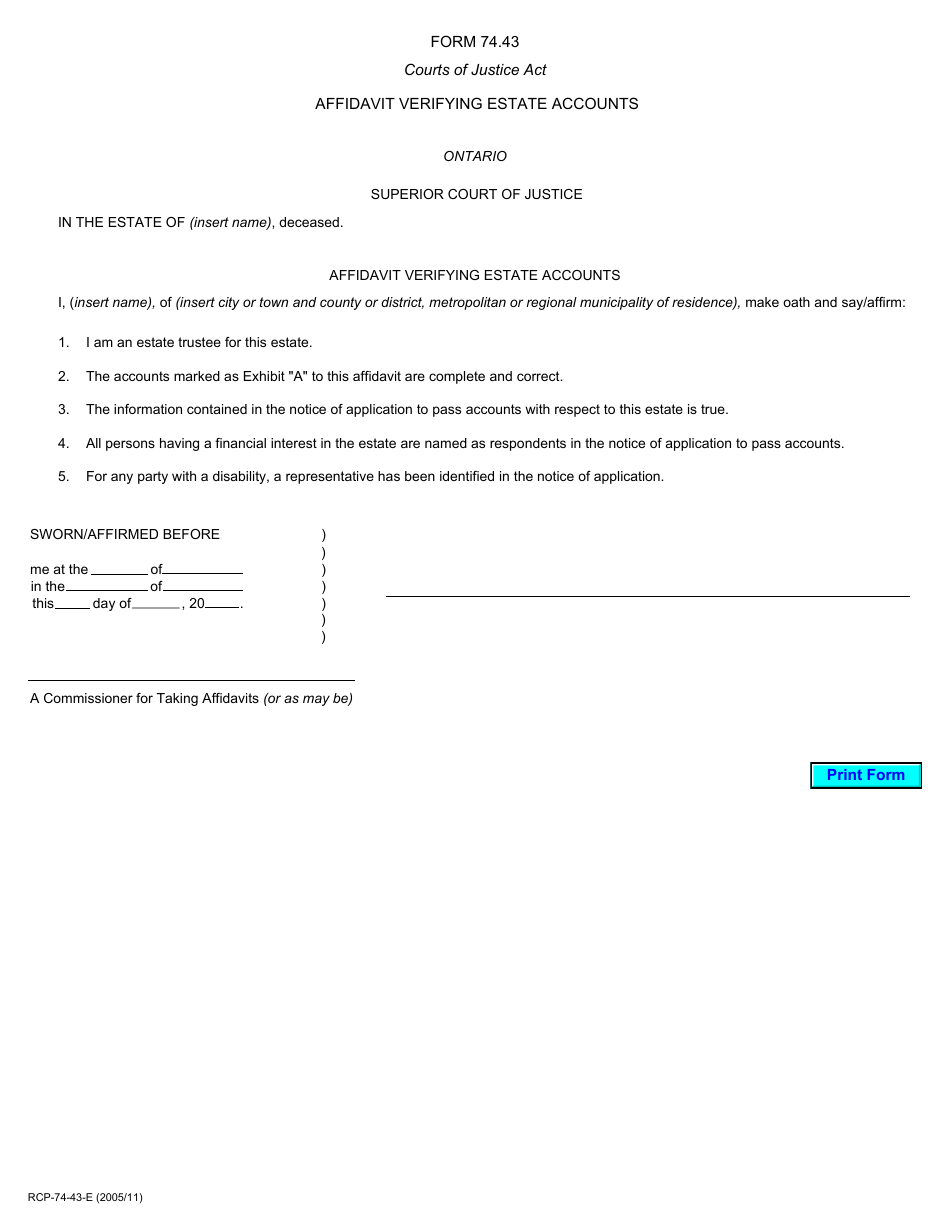 Form 74.43 Affidavit Verifying Estate Accounts - Ontario, Canada, Page 1