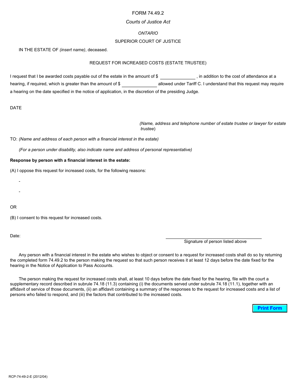 Form 74.49.2 Request for Increased Costs (Estate Trustee) - Ontario, Canada, Page 1