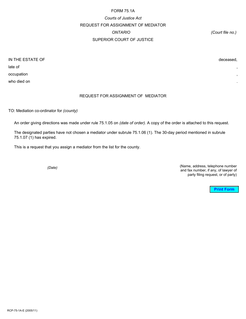 Form 75.1A Request for Assignment of Mediator - Ontario, Canada, Page 1
