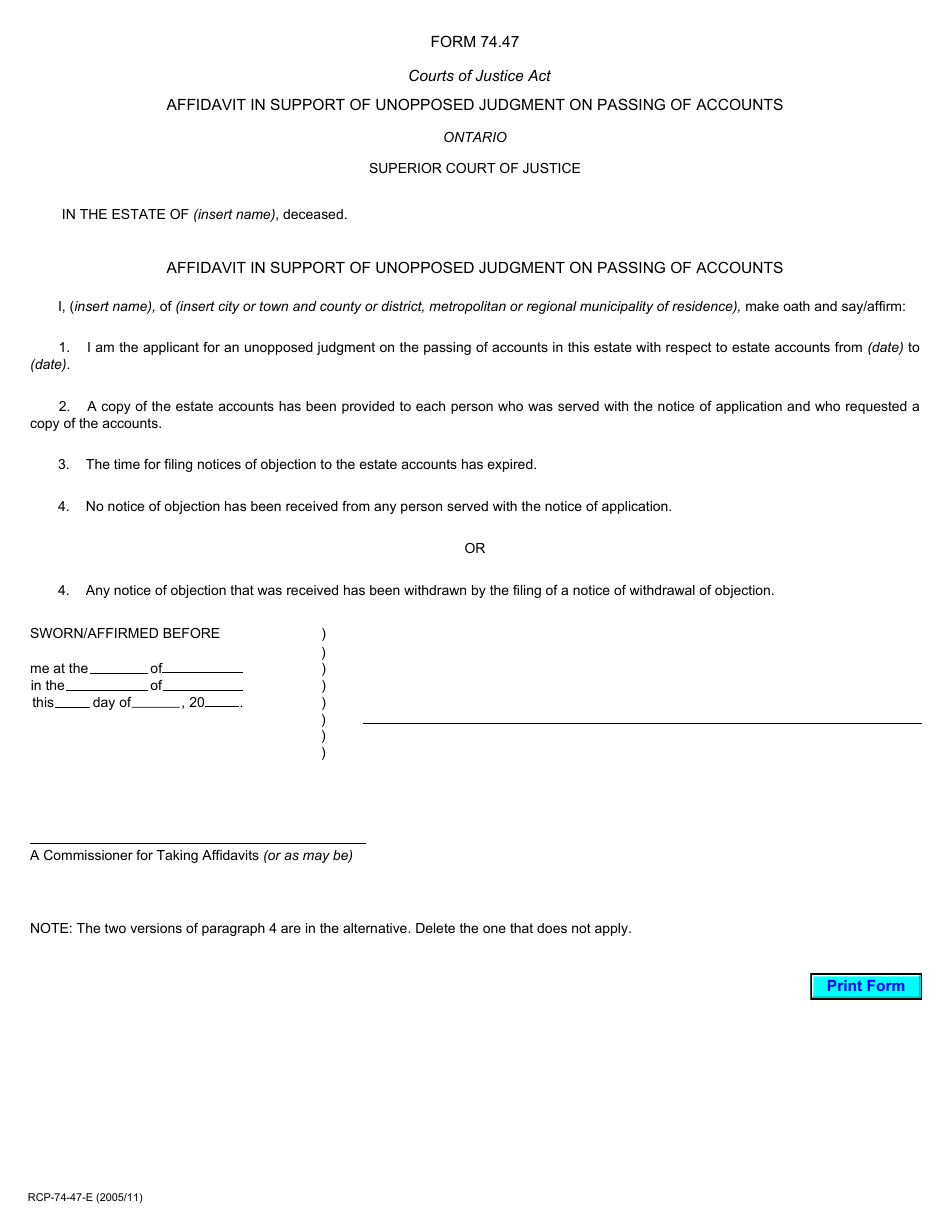 Form 74.47 Affidavit in Support of Unopposed Judgment on Passing of Accounts - Ontario, Canada, Page 1