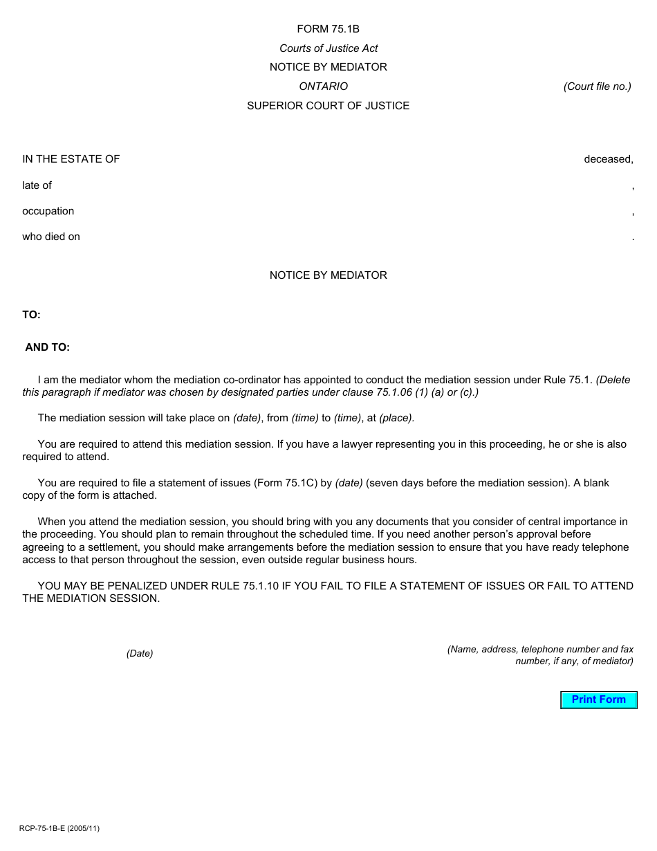 Form 75.1B Notice by Mediator - Ontario, Canada, Page 1