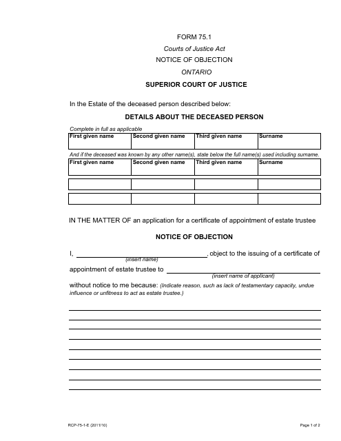 Form 75.1 Notice of Objection - Ontario, Canada