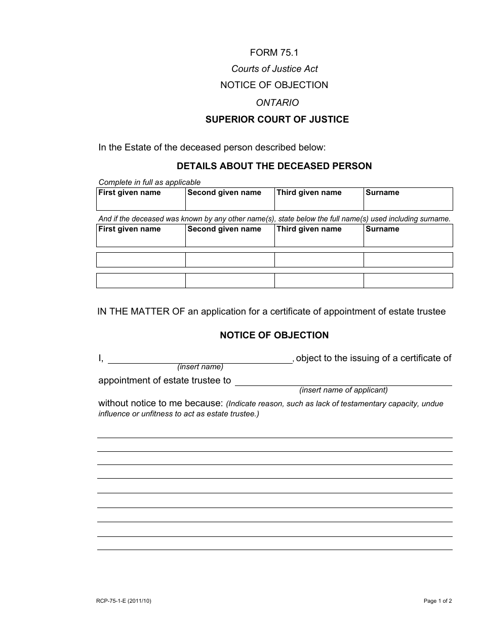 Form 75.1 Notice of Objection - Ontario, Canada, Page 1