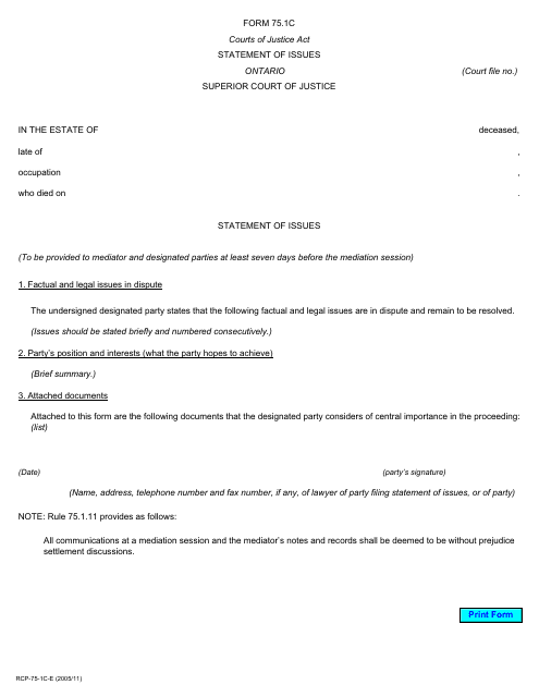 Form 75.1C Statement of Issues - Ontario, Canada