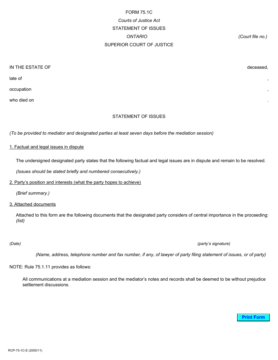 Form 75.1C Statement of Issues - Ontario, Canada, Page 1