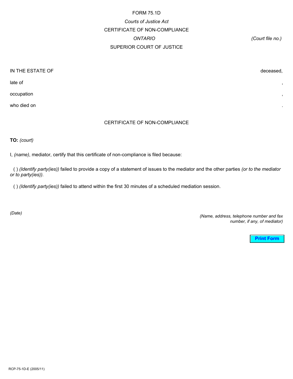 Form 75.1D Certificate of Non-compliance - Ontario, Canada, Page 1