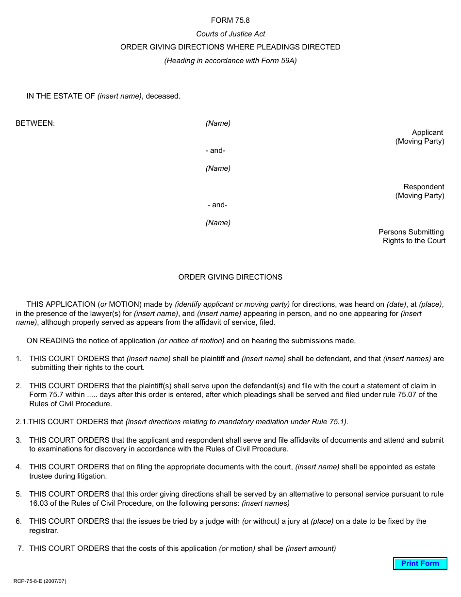 Form 75.8 Order Giving Directions Where Pleadings Directed - Ontario, Canada, Page 1