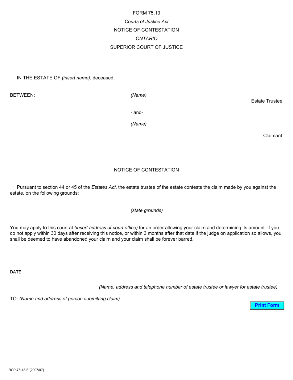 Form 75.13 Notice of Contestation - Ontario, Canada, Page 1
