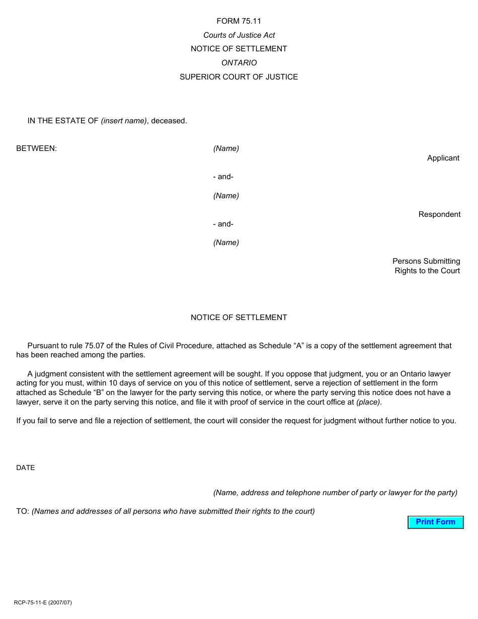 Form 75.11 Download Printable PDF or Fill Online Notice of Settlement