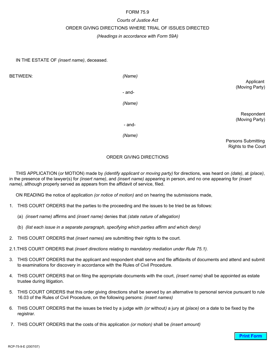 Form 75.9 Order Giving Directions Where Trial of Issues Directed - Ontario, Canada, Page 1