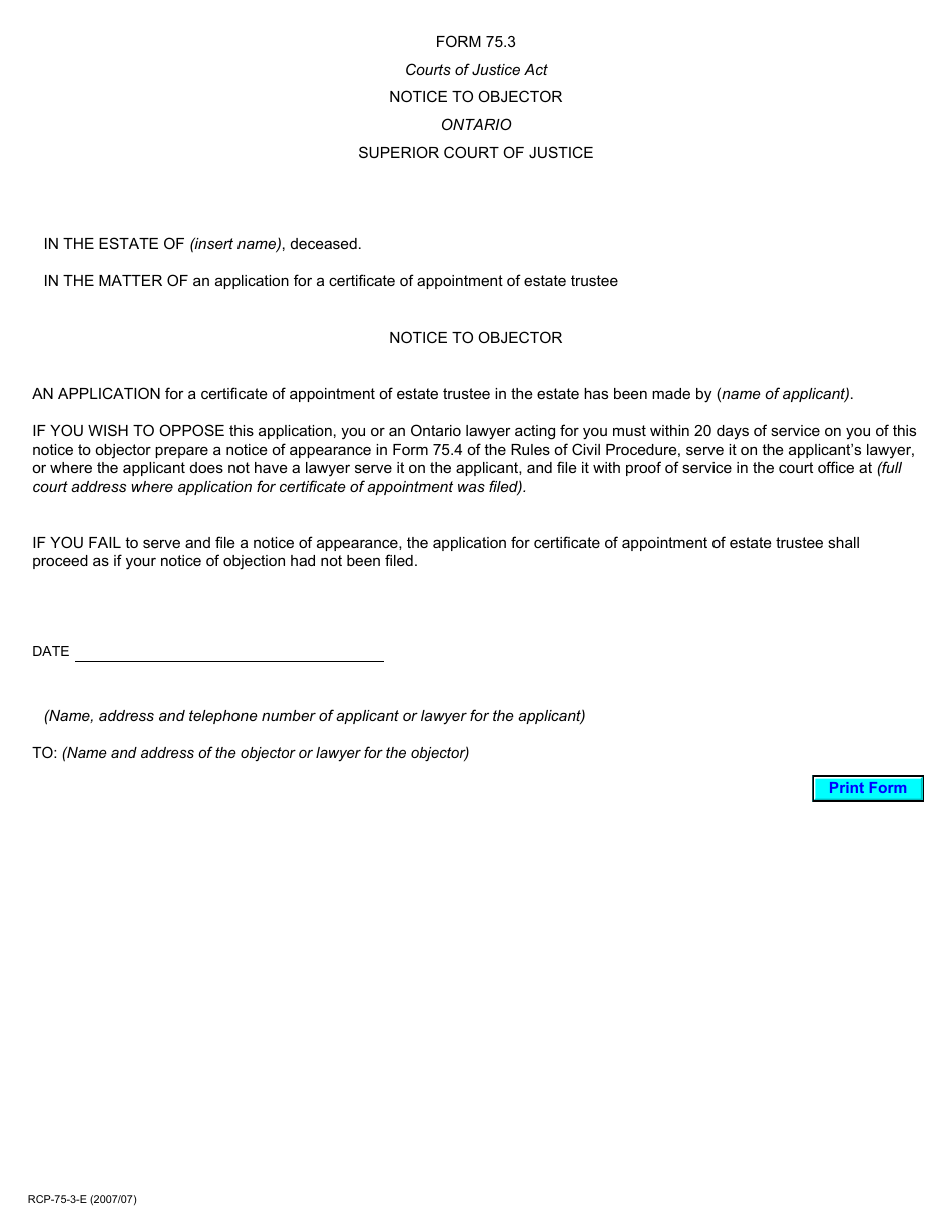 Form 75.3 Notice to Objector - Ontario, Canada, Page 1