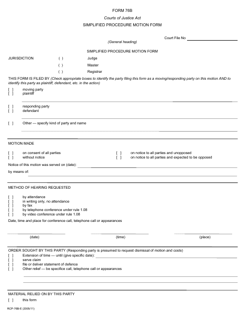 Form 76B Simplified Procedure Motion Form - Ontario, Canada