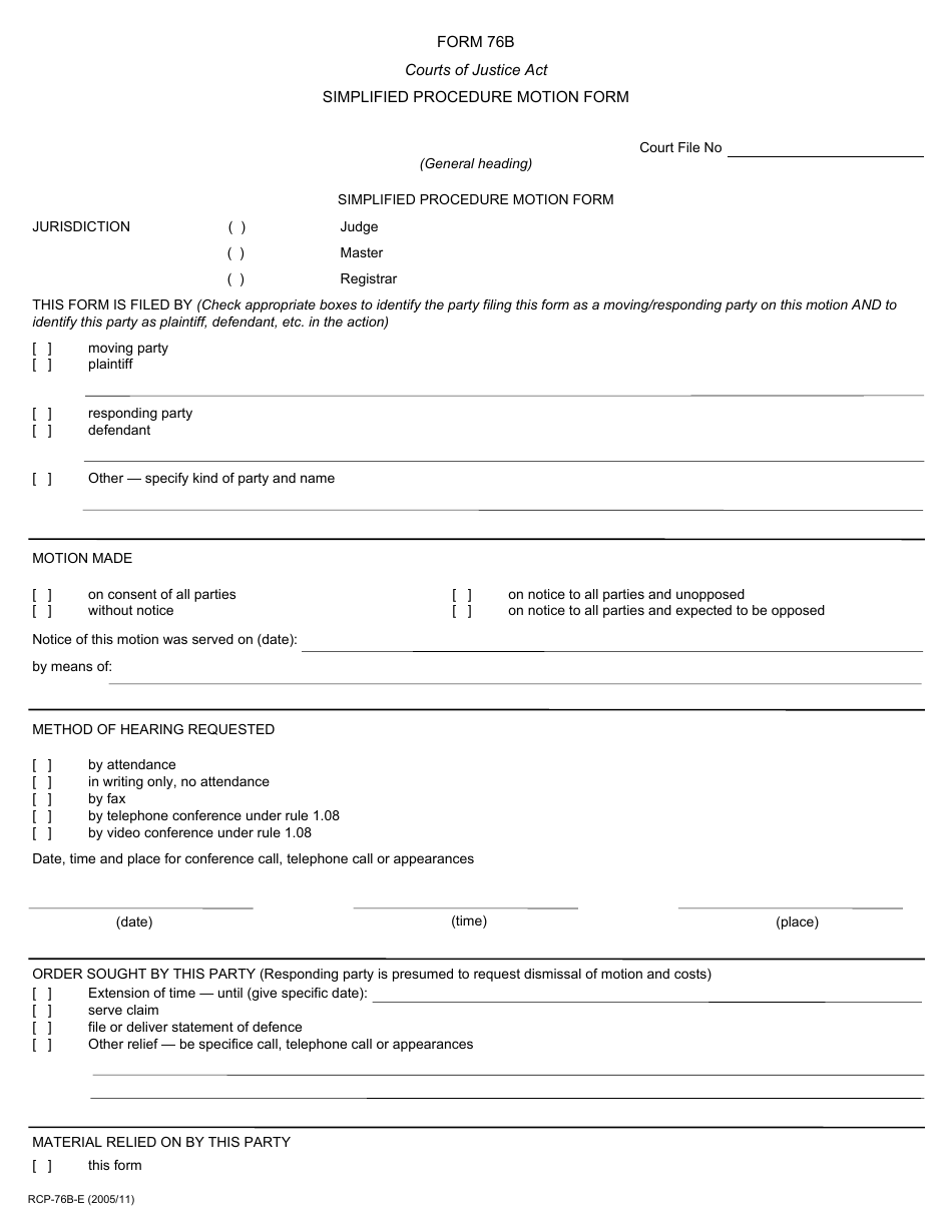 Form 76B Simplified Procedure Motion Form - Ontario, Canada, Page 1