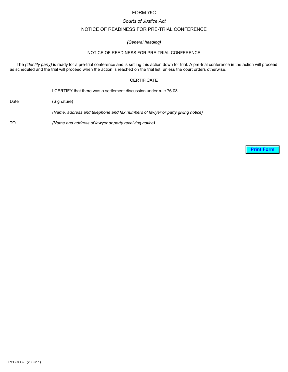 Form 76C Notice of Readiness for Pre-trial Conference - Ontario, Canada, Page 1