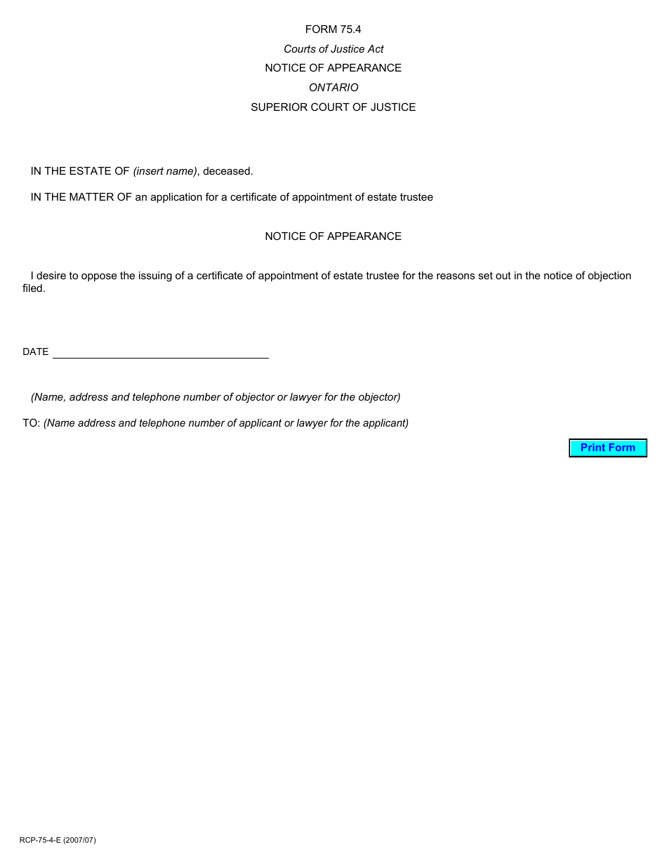 Form 75.4 Notice of Appearance - Ontario, Canada, Page 1