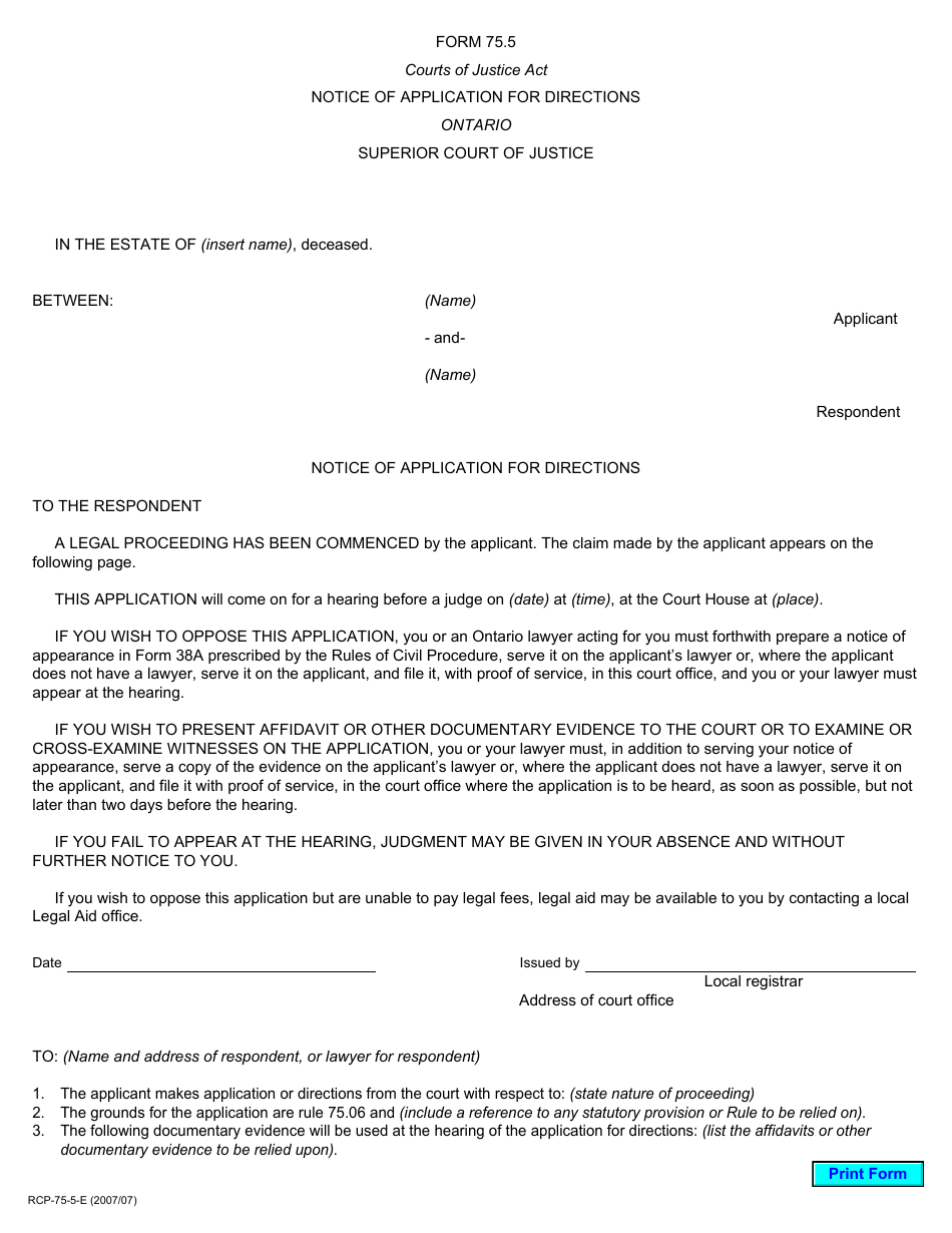 Form 75.5 Notice of Application for Directions - Ontario, Canada, Page 1