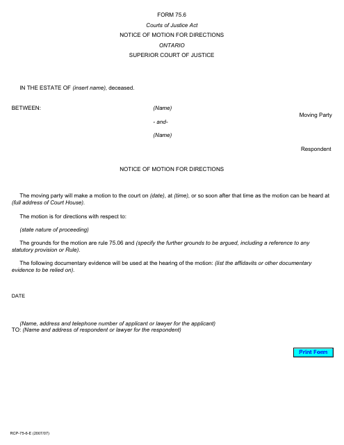 Form 75.6 Notice of Motion for Directions - Ontario, Canada
