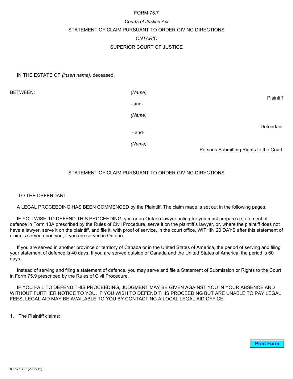 Form 75.7 Statement of Claim Pursuant to Order Giving Directions - Ontario, Canada, Page 1