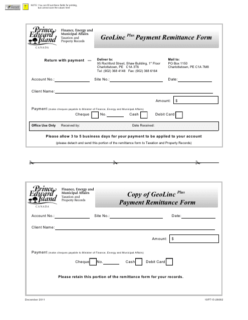 Form 10PT15-28082 Geolinc Payment Remittance Form - Prince Edward Island, Canada