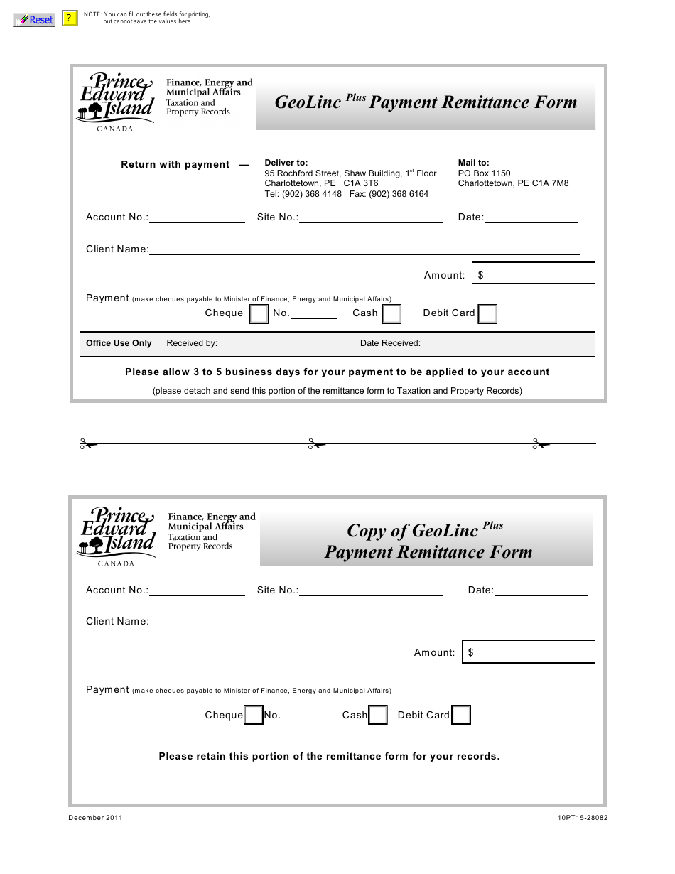 Form 10PT15-28082 Geolinc Payment Remittance Form - Prince Edward Island, Canada, Page 1