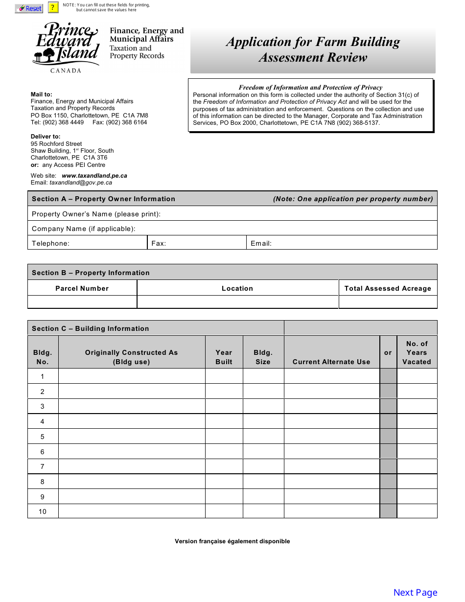 Form 11PT15-30654 Application for Farm Building Assessment Review - Prince Edward Island, Canada, Page 3