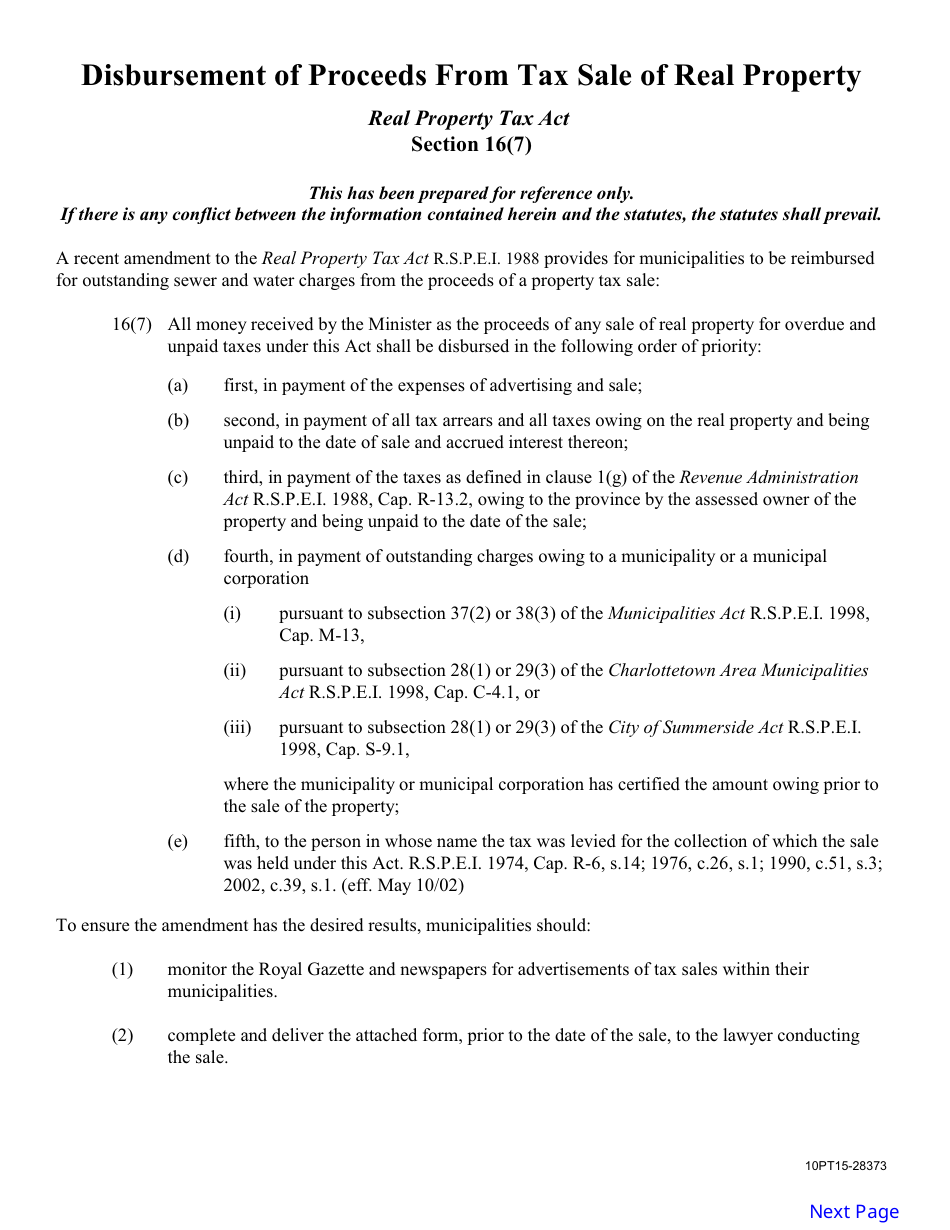 Form 10PT15-28057 Request for Payment of Outstanding Sewer and Water Charges From Proceeds of a Property Tax Sale - Prince Edward Island, Canada, Page 1