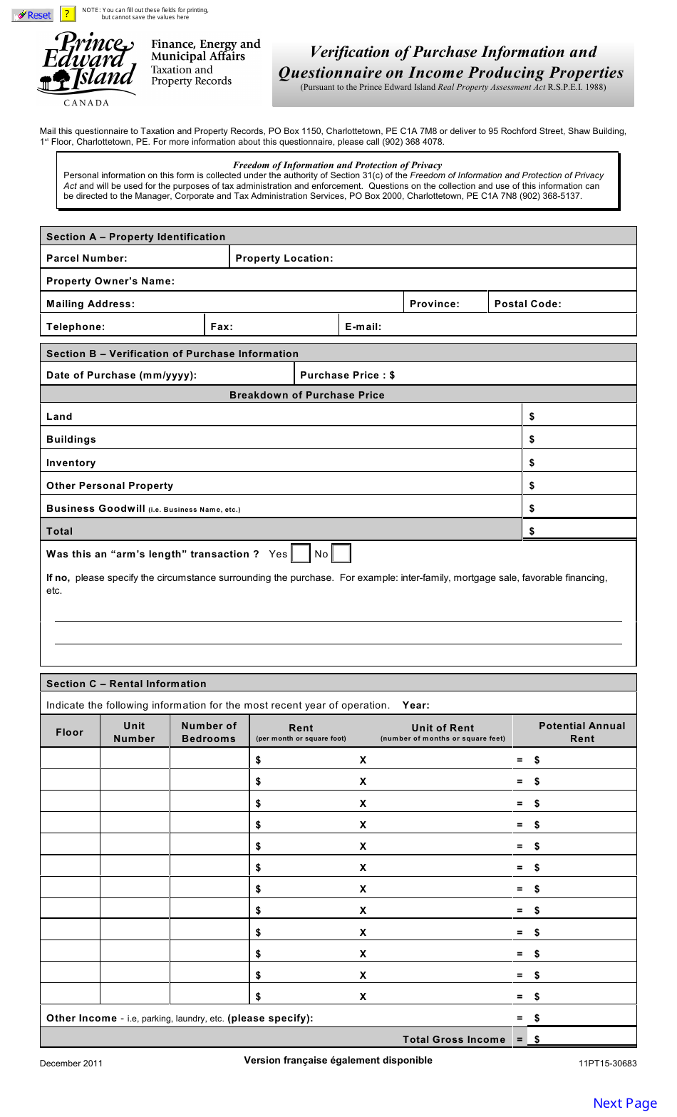 Form 11PT15-30683 Verification of Purchase Information and Questionnaire on Income Producing Properties - Prince Edward Island, Canada, Page 1