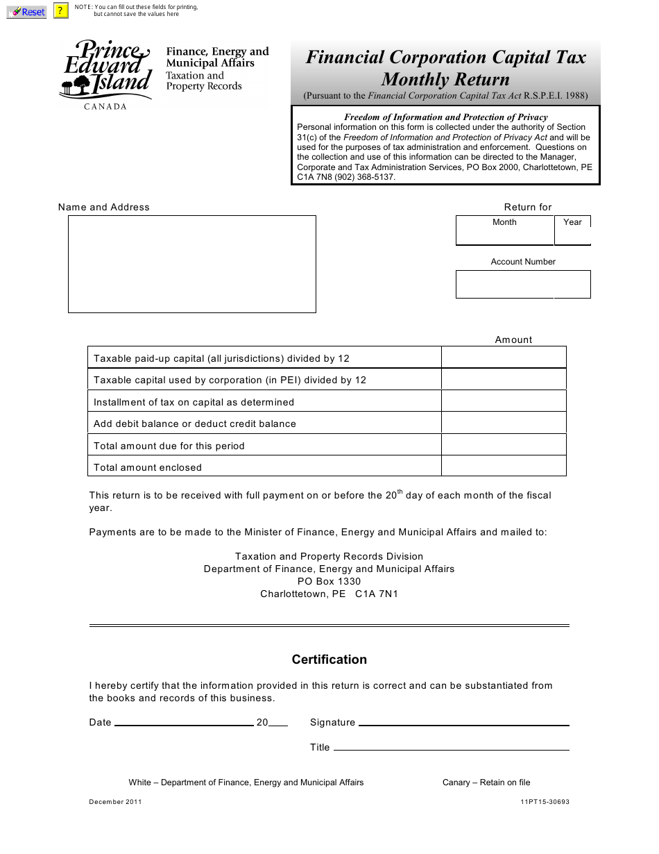 Form 11PT15-30693 Financial Corporation Capital Tax Monthly Return - Prince Edward Island, Canada, Page 1