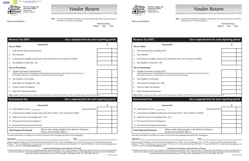 Form 12PT15-34178 Download Fillable PDF or Fill Online Vendor Return ...