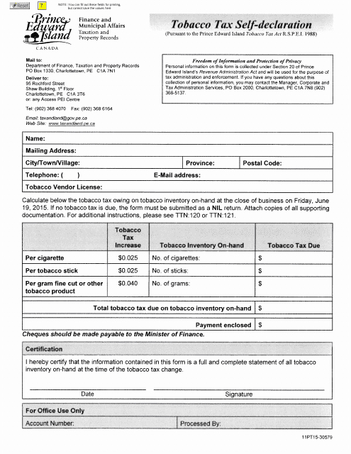 Form 11PT15-30579 Tobacco Tax Self-declaration - Prince Edward Island, Canada