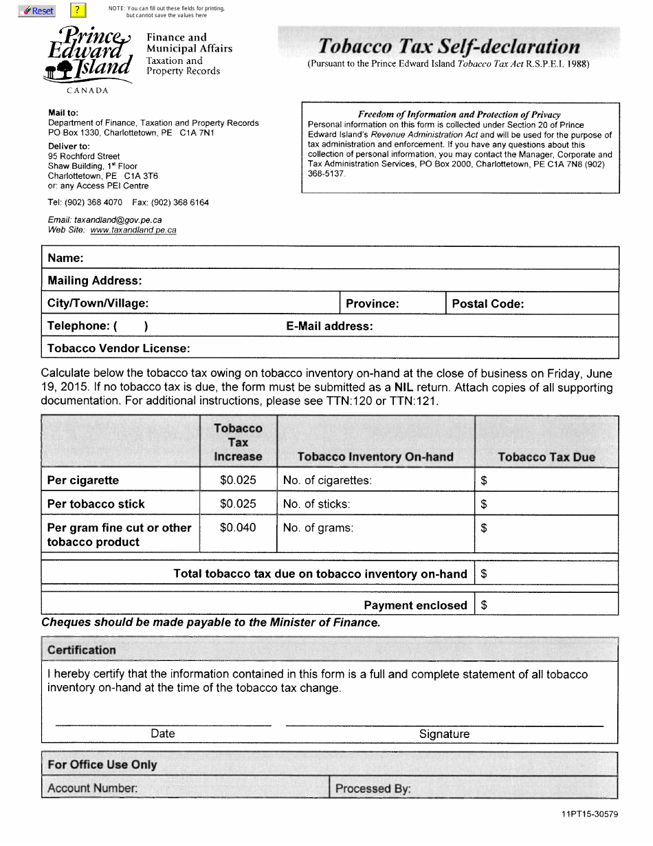 Form 11PT15-30579 Tobacco Tax Self-declaration - Prince Edward Island, Canada, Page 1