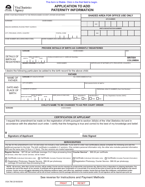 Form VSA796 Application to Add Paternity Information - British Columbia, Canada