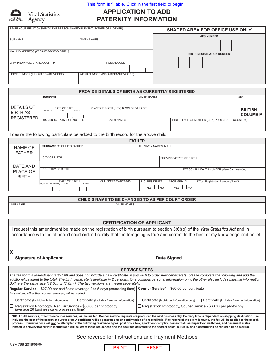 Form VSA796 - Fill Out, Sign Online and Download Fillable PDF, British ...