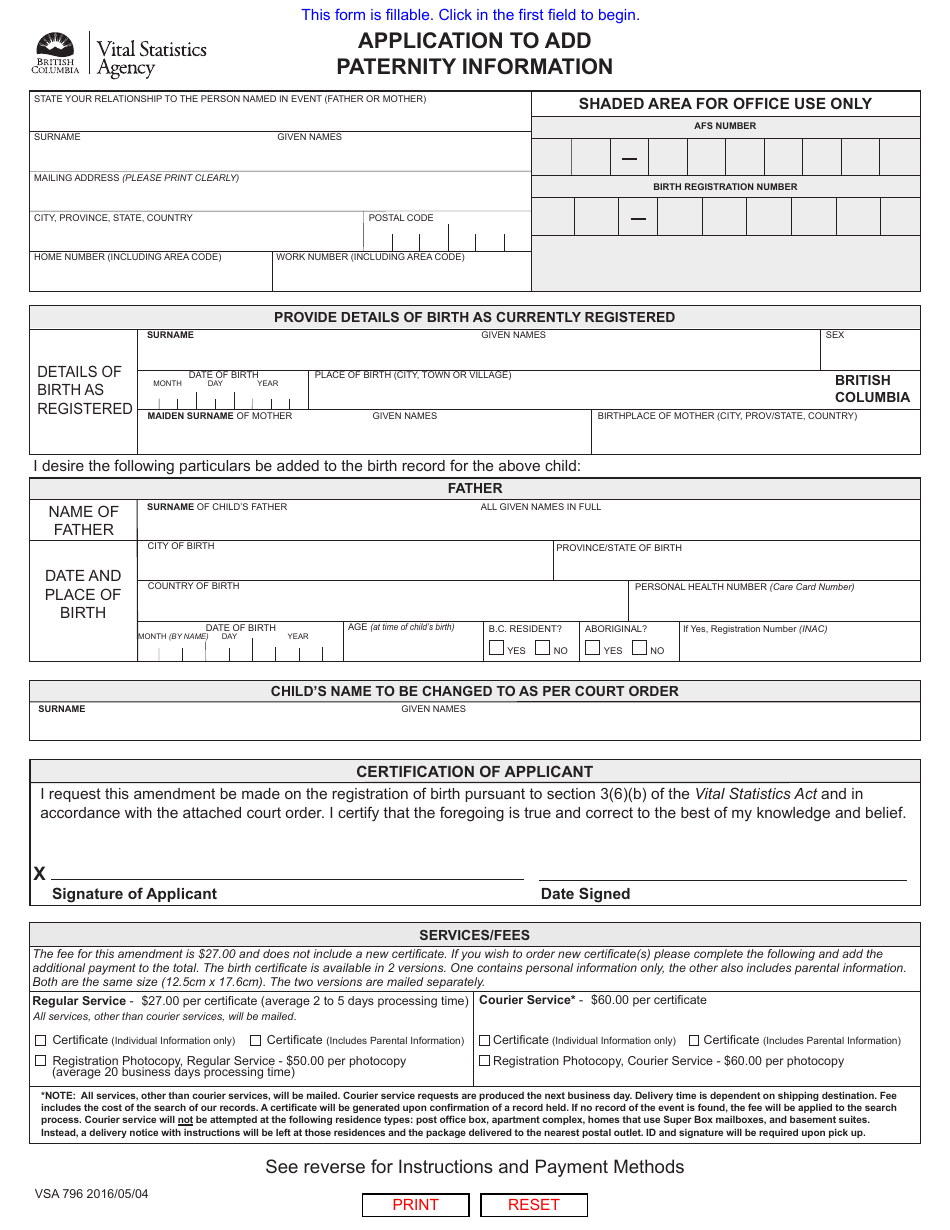 Form VSA796 Application to Add Paternity Information - British Columbia, Canada, Page 1