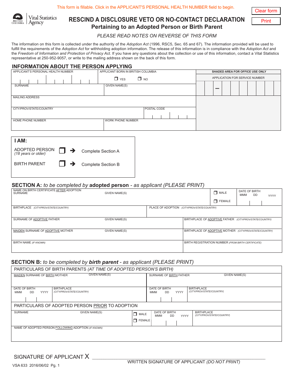 Form VSA633 Rescind a Disclosure Veto or No-Contact Declaration Pertaining to an Adopted Person or Birth Parent - British Columbia, Canada, Page 1