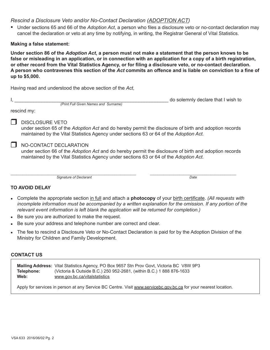 Form VSA633 Rescind a Disclosure Veto or No-Contact Declaration Pertaining to an Adopted Person or Birth Parent - British Columbia, Canada, Page 2