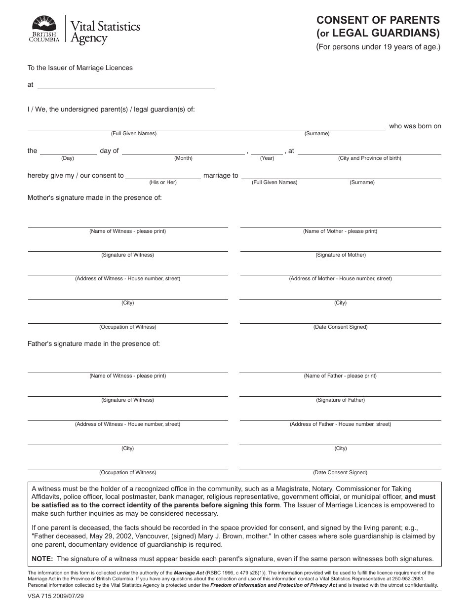 Form VSA715 Consent of Parents (Or Legal Guardians) - British Columbia, Canada, Page 1