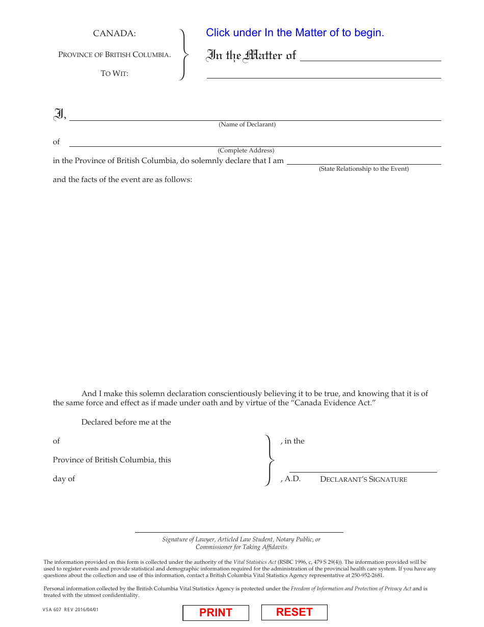 Form VSA607 Statutory Declaration - British Columbia, Canada, Page 1