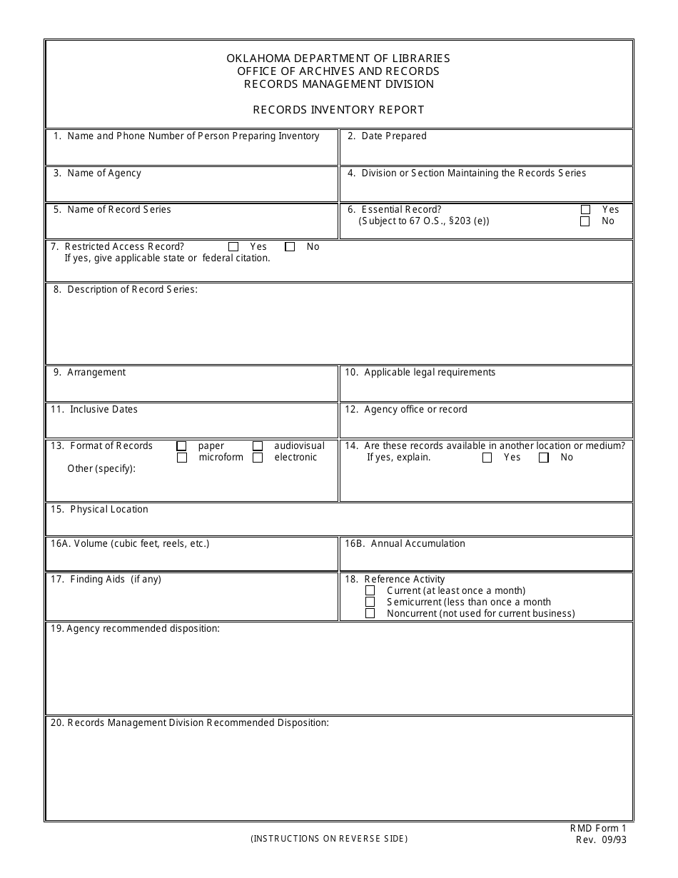 RMD Form 1 Records Inventory Report - Oklahoma, Page 1