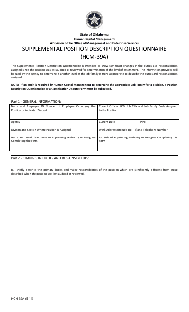 Form HCM-39A Supplemental Position Description Questionnaire - Oklahoma