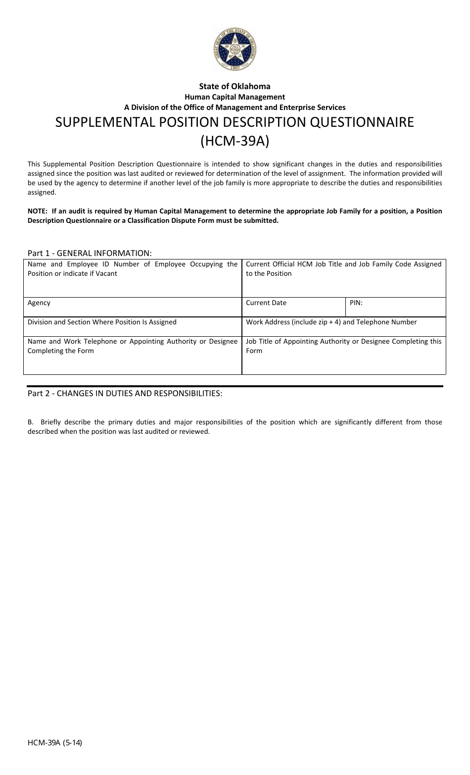 Form HCM-39A Supplemental Position Description Questionnaire - Oklahoma, Page 1