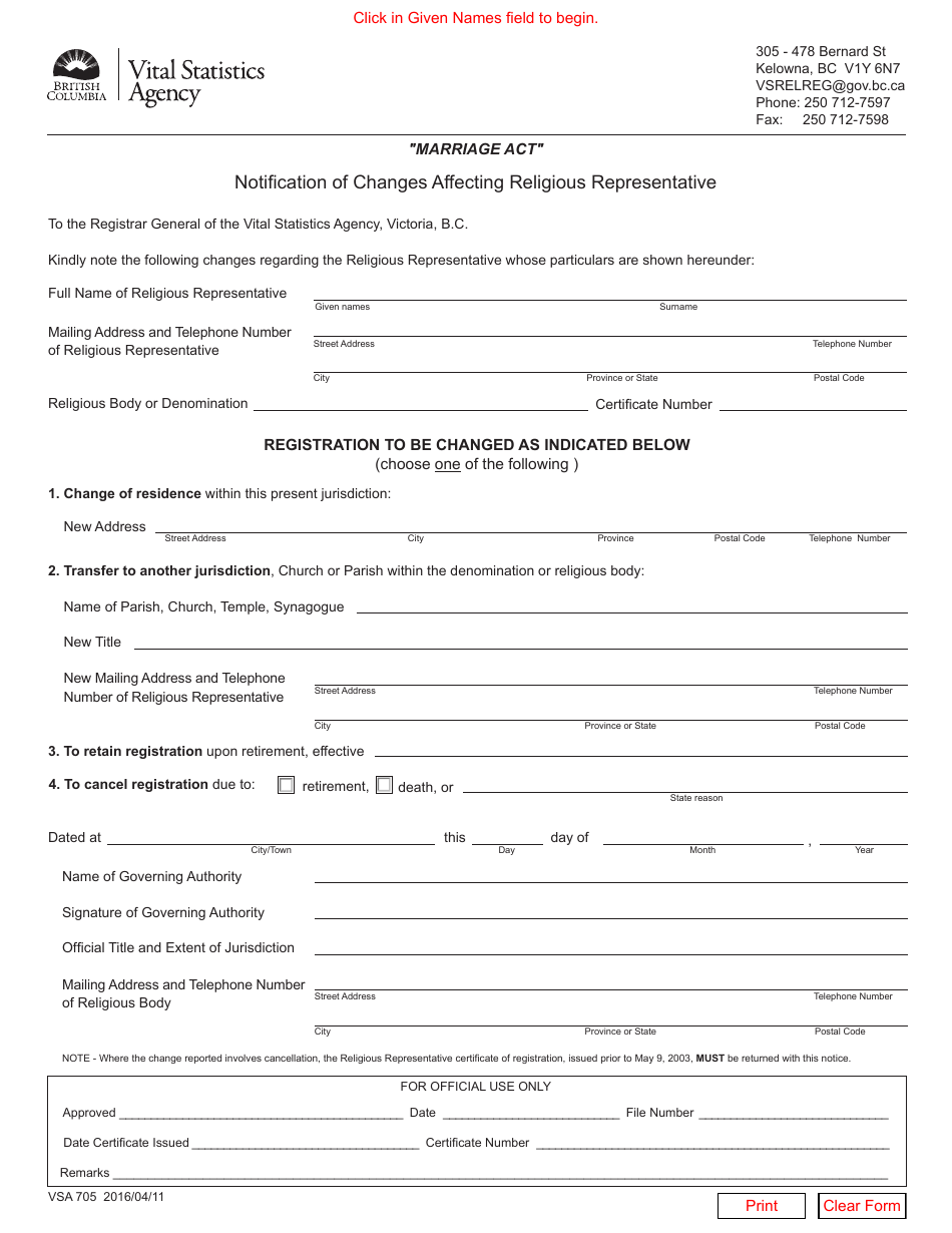 Form VSA705 Notification of Changes Affecting Religious Representative - British Columbia, Canada, Page 1