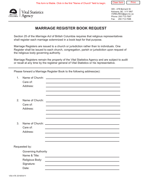 Form VSA476 Marriage Register Book Request - British Columbia, Canada
